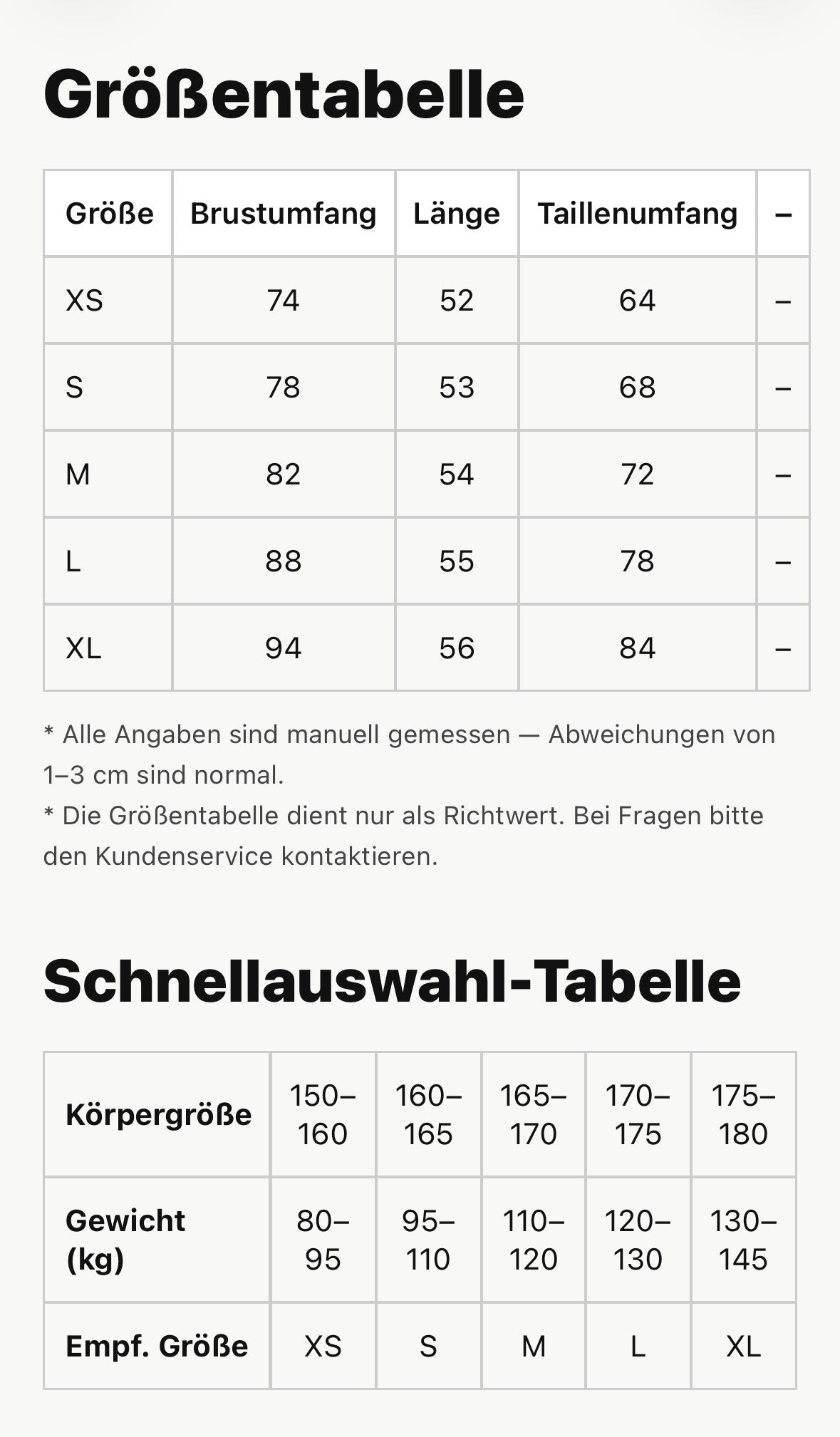 Größentabelle