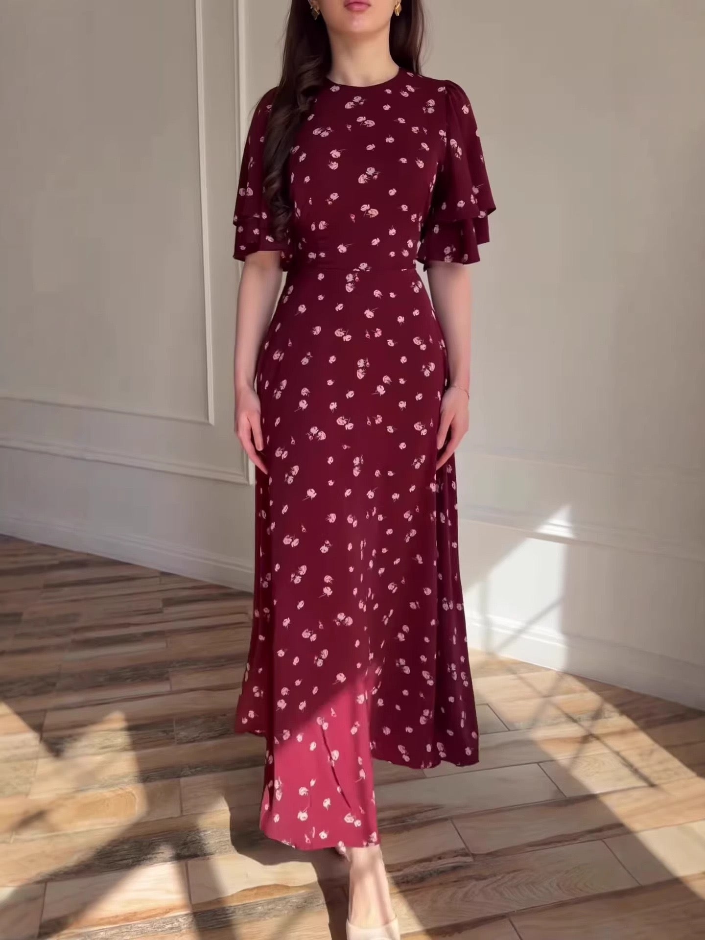 Bordeaux Rose Ruffle Sleeve Maxi Dress 3