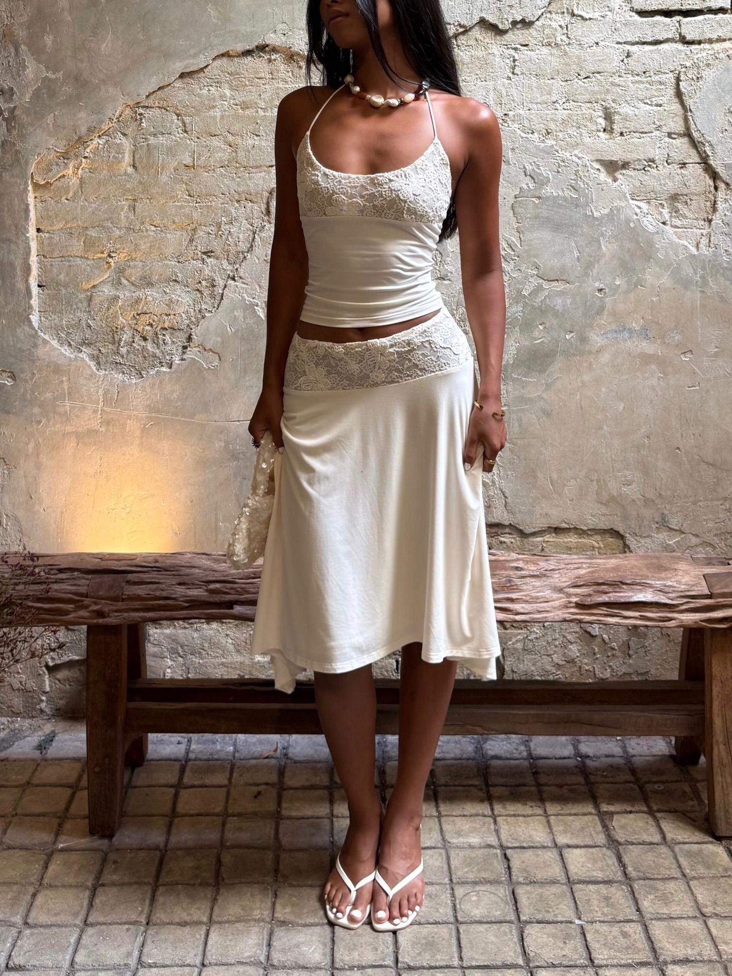 Ivory Lace Halter Two-Piece Set Lifestyle 1