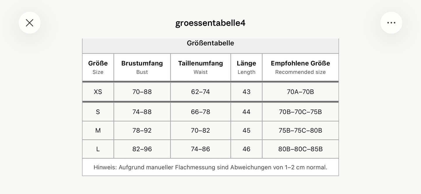 Größentabelle