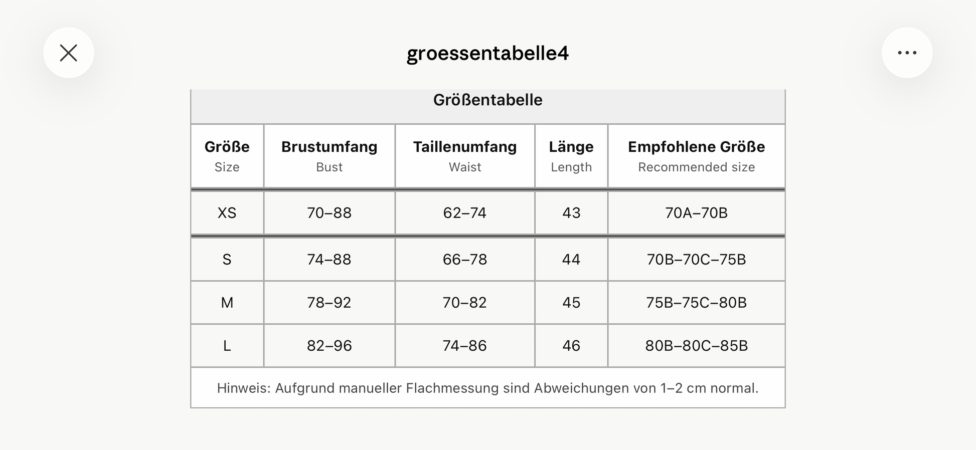 Größentabelle