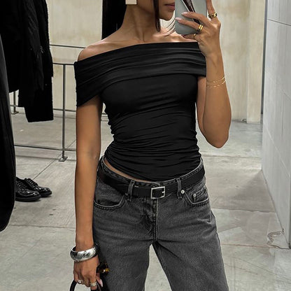 Off-Shoulder Ruched Crop Top Schwarz 3