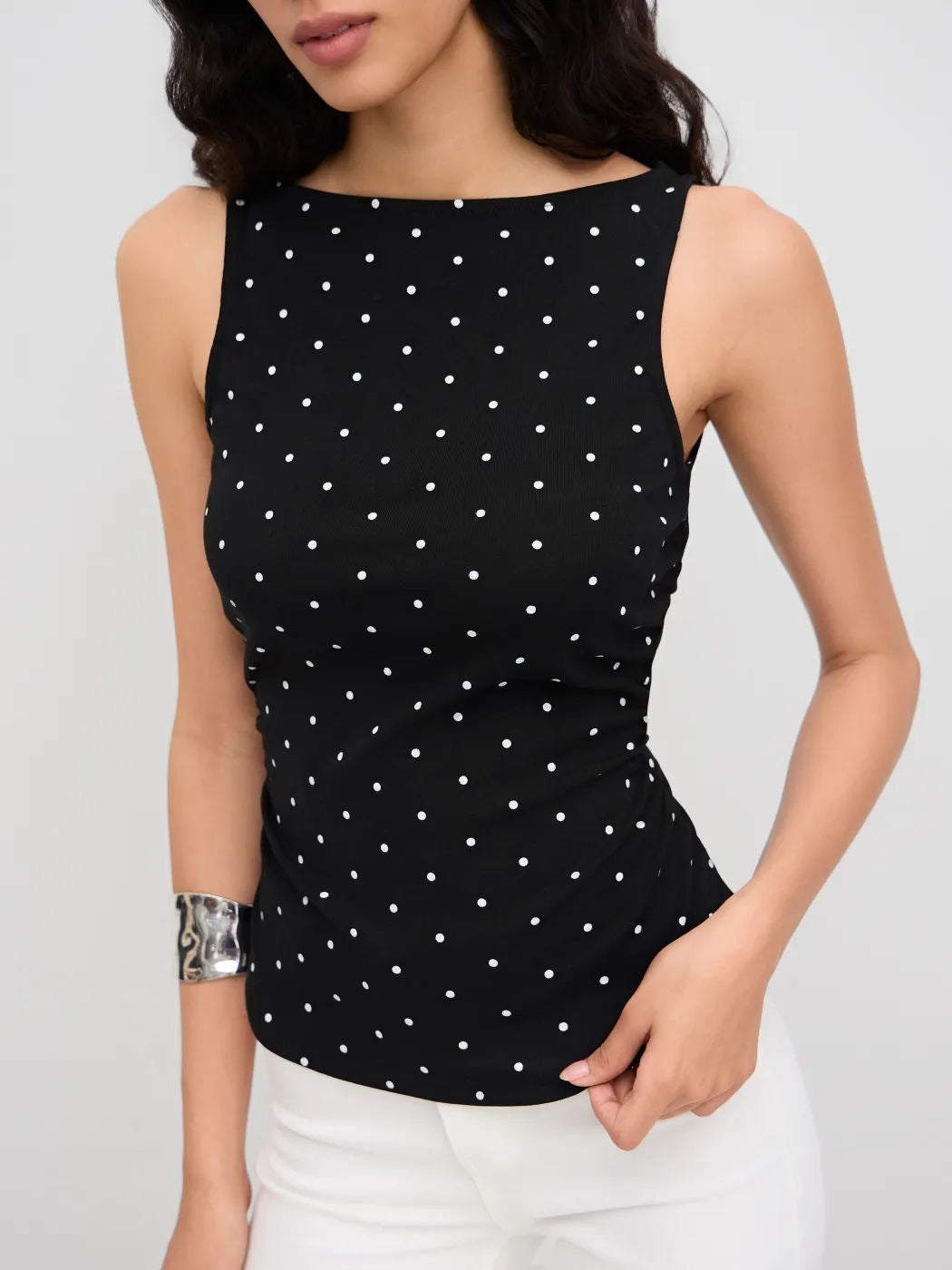 Polka Dot Ruched Back-Tie Top Schwarz 1