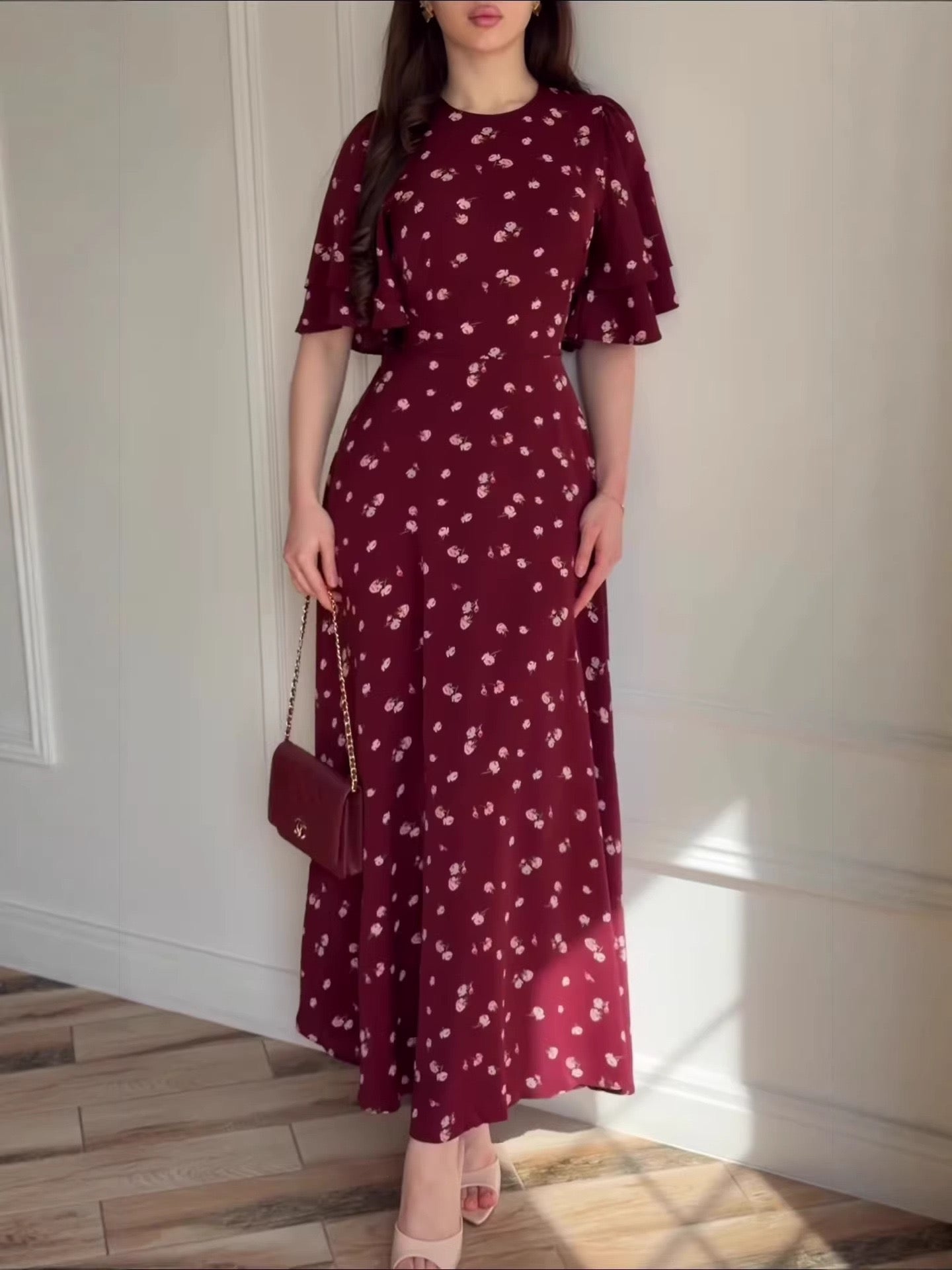 Bordeaux Rose Ruffle Sleeve Maxi Dress 5