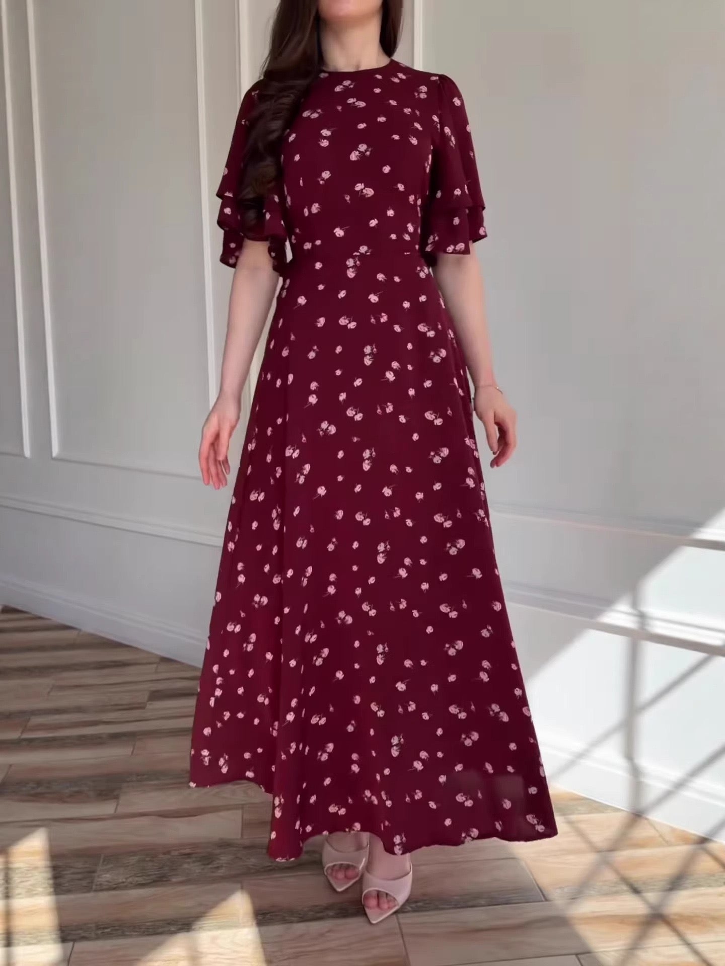 Bordeaux Rose Ruffle Sleeve Maxi Dress 1