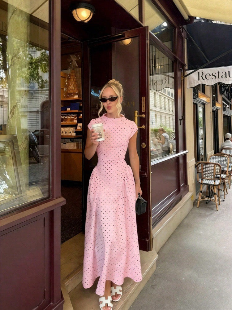 Polka Dot Cap Sleeve Midi Dress Pink 1