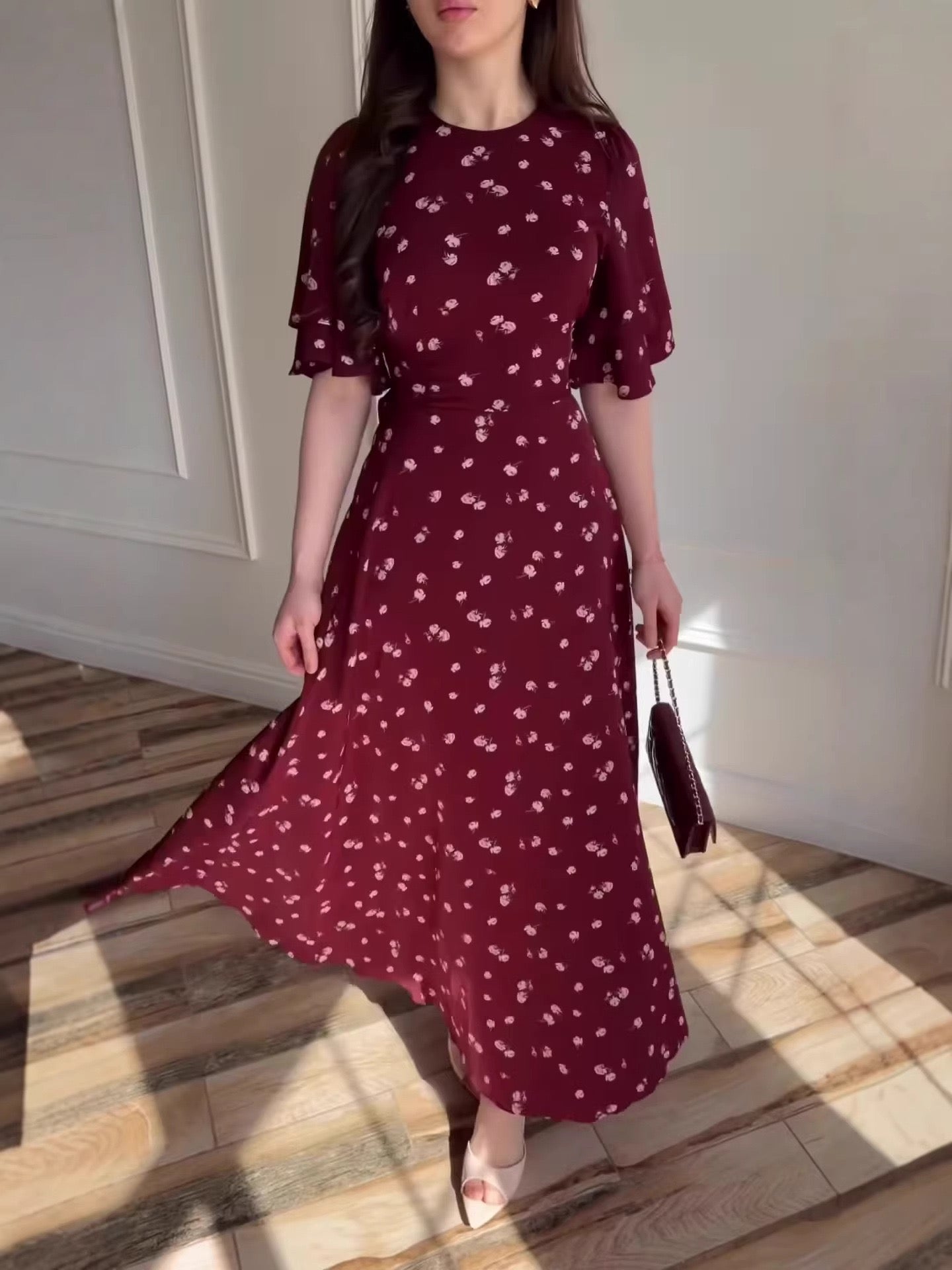Bordeaux Rose Ruffle Sleeve Maxi Dress 4