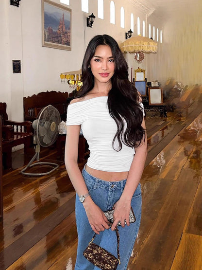 Off-Shoulder Ruched Crop Top Weiß 3