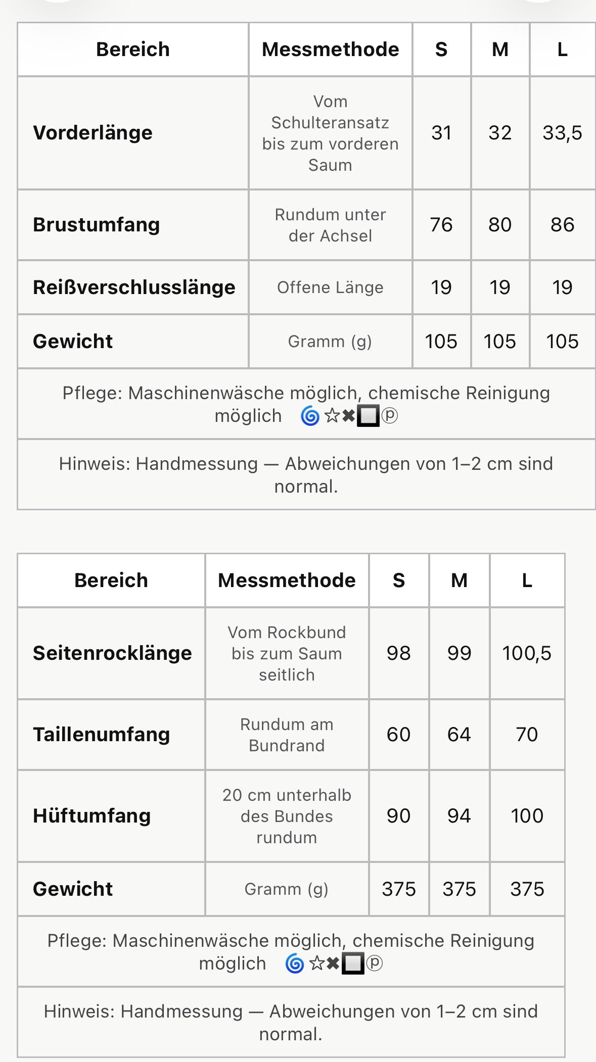Größentabelle