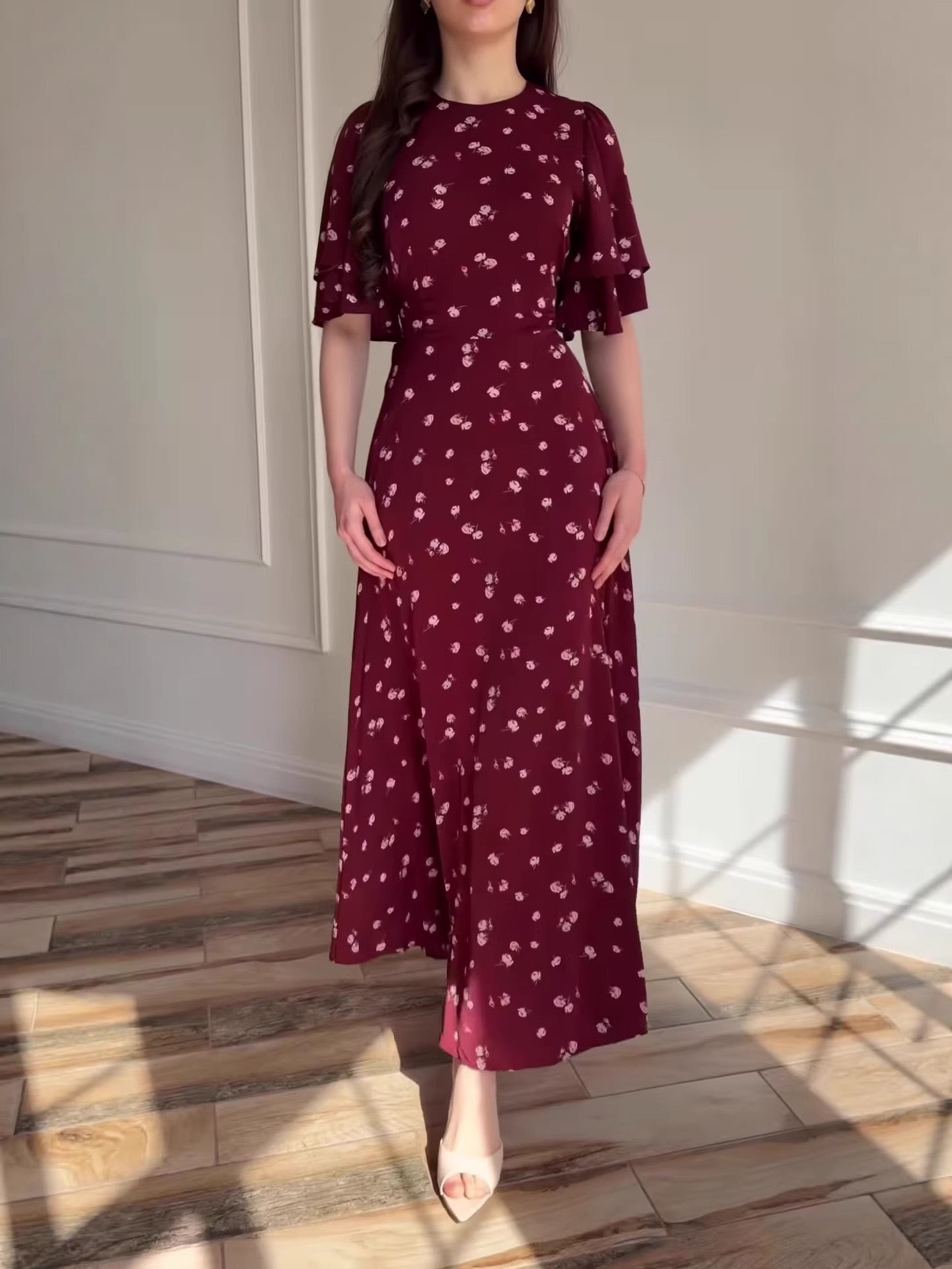 Bordeaux Rose Ruffle Sleeve Maxi Dress 2