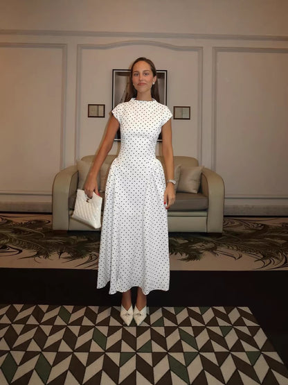 Polka Dot Cap Sleeve Midi Dress Weiß 4