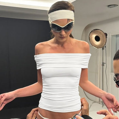 Off-Shoulder Ruched Crop Top Weiß 4