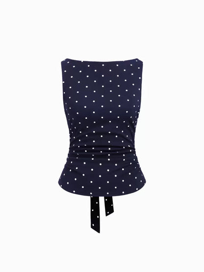 Polka Dot Ruched Back-Tie Top Navy