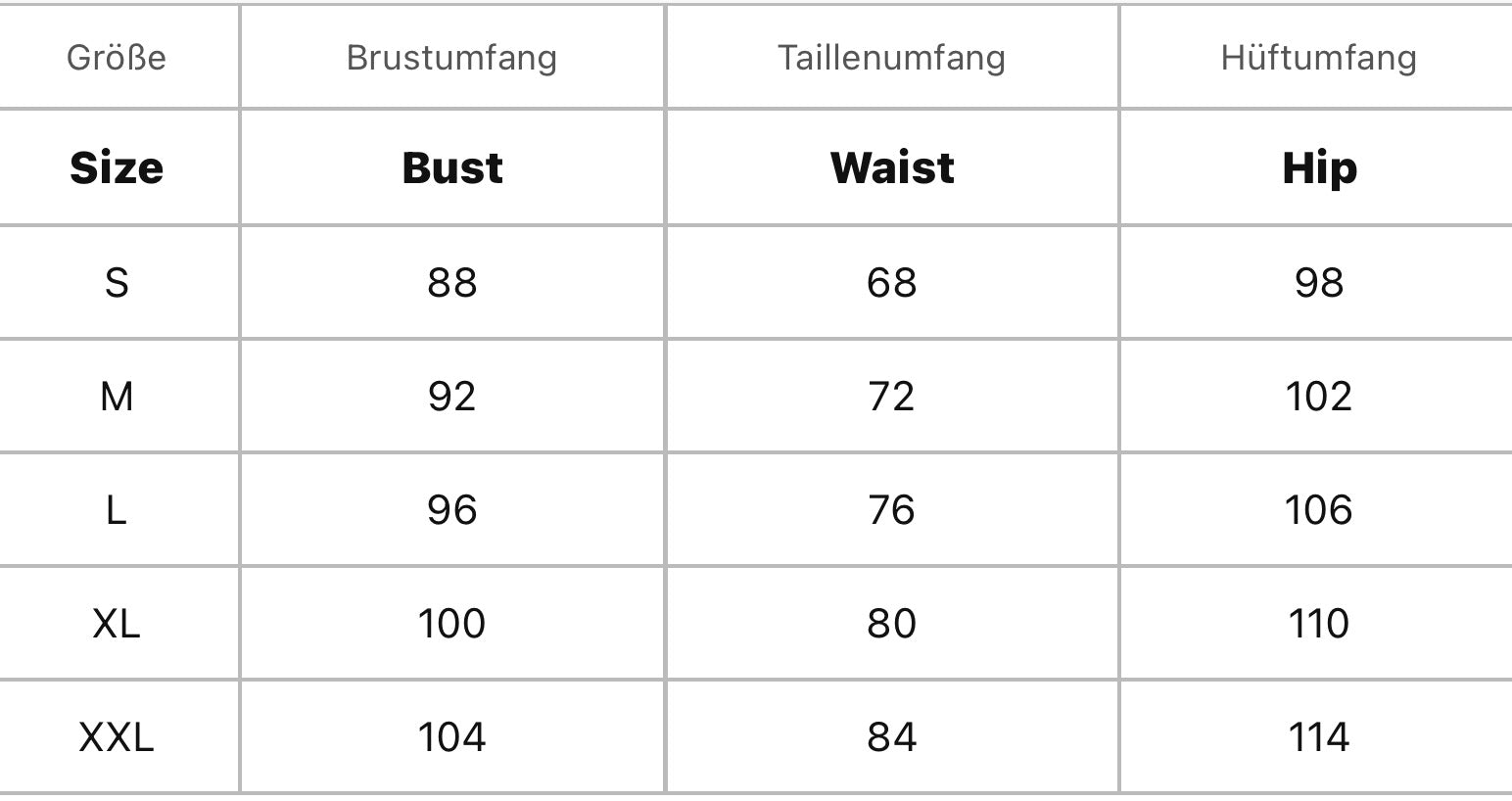 Größentabelle